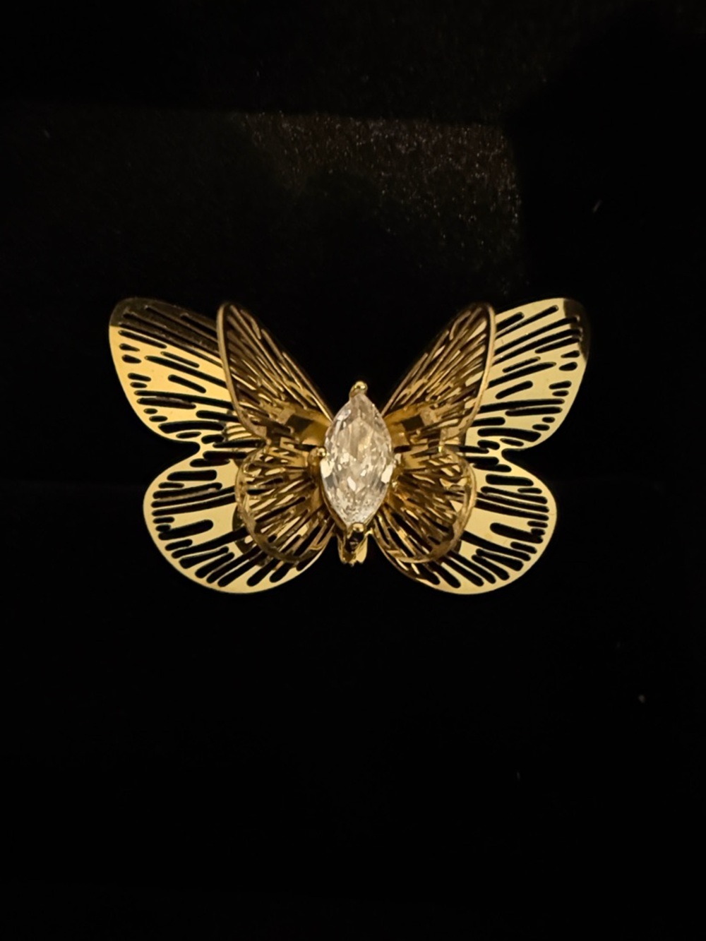 J3. SIZE 7. HAND CUT BUTTERFLY 18K GOLD PLATED RING - NO CANCELS